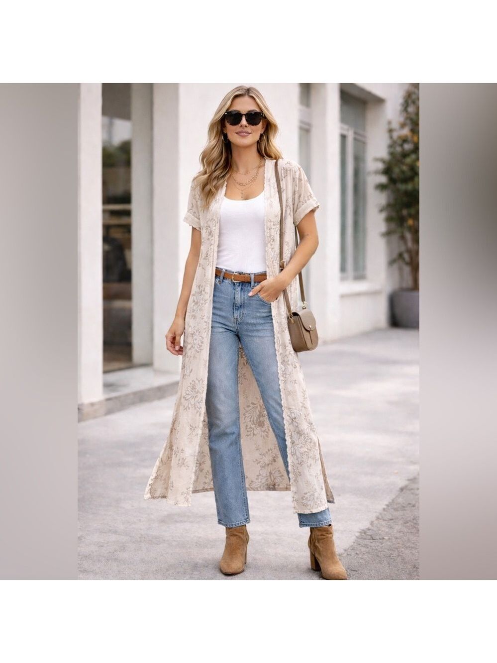 Elena Baldi Italian Silk Blend Cream Floral Duster Cardigan